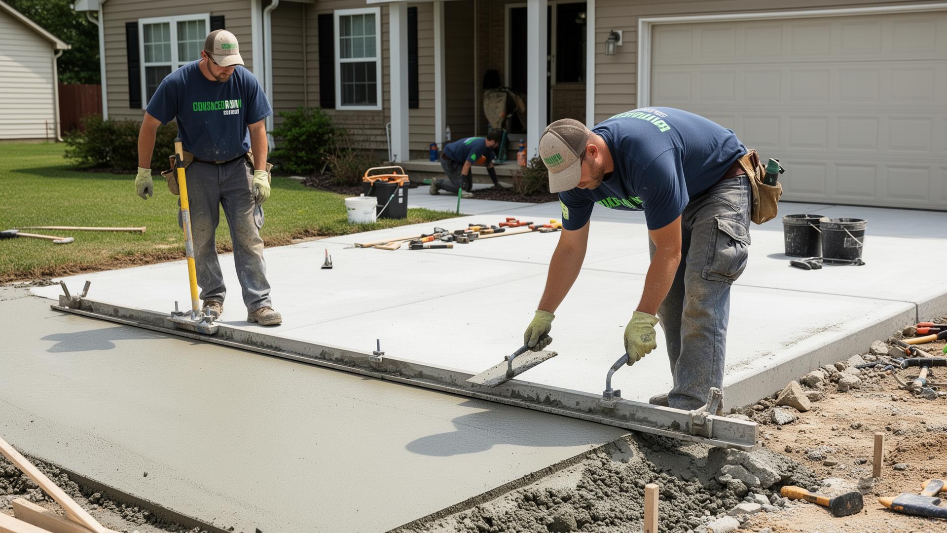 Lindmack Landscaping crew finishing a concrete driveway