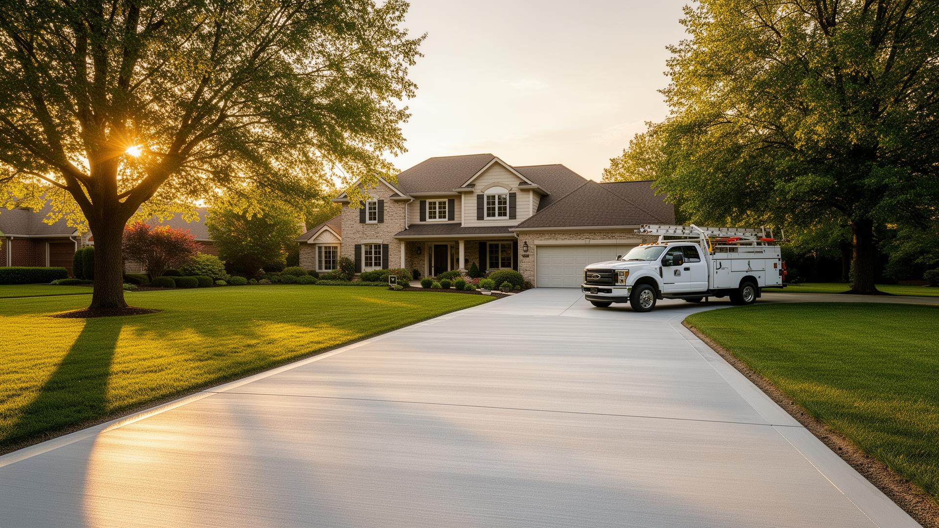 Freshly poured concrete driveway leading to a suburban home in West Chicago, Illinois